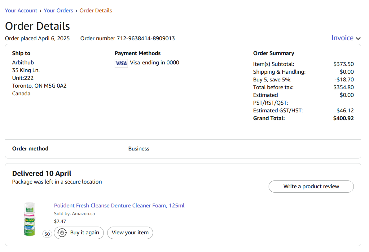 Amazon order details page