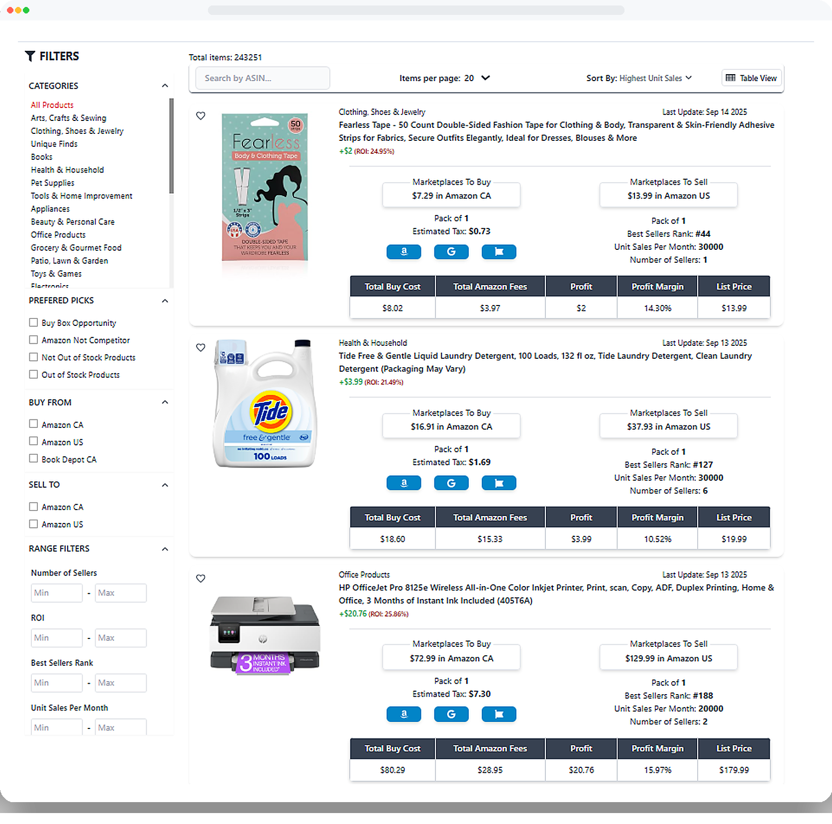 Step 1: Product filtering interface